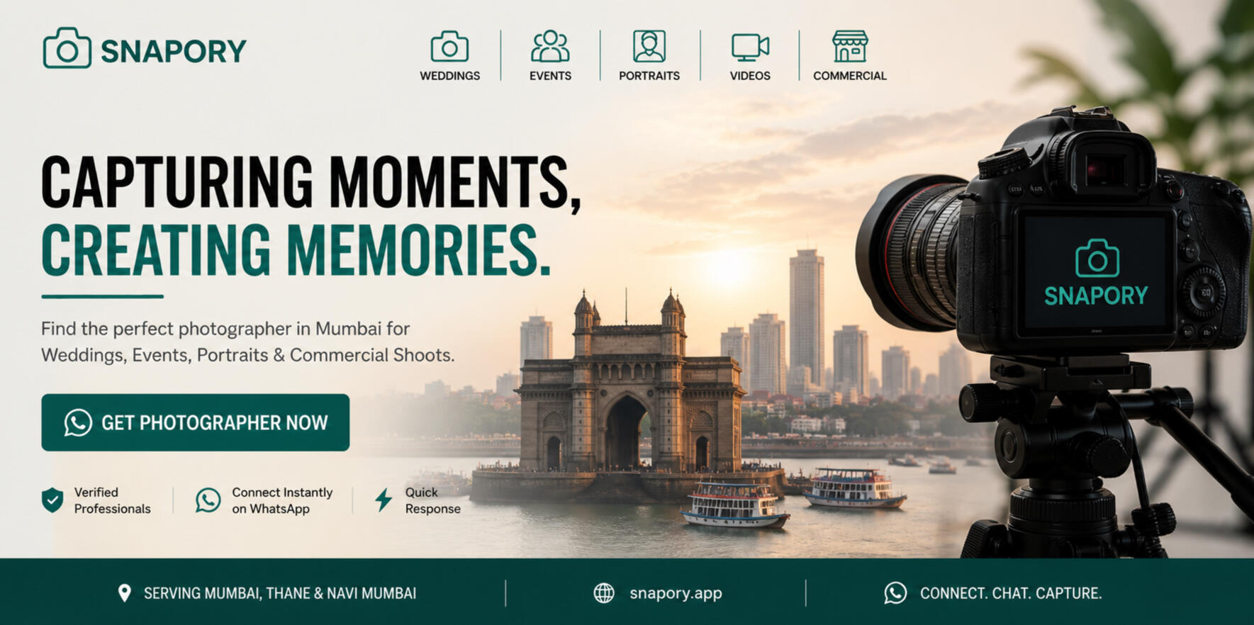 Snapory: Mumbai's leading photography marketplace for booking verified wedding, event, and commercial photographers in Thane and Navi Mumbai.